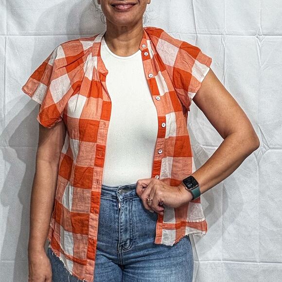 Anthropologie Maeve Orange Gingham Button Down Sz XS - Picture 5 of 13